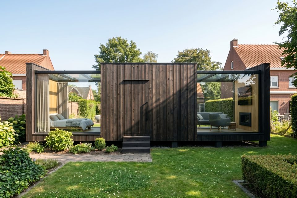 Visualisering: Beethoven modulhus i træ med facade af brændt træ og soveværelse i glas i en forhave