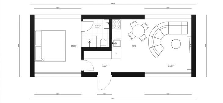Plantegning af modulhuset Beethoven: opholdsrum 20,20 m², soveværelse 10,50 m², badeværelse 3,14 m², bruttoareal 42,48 m²