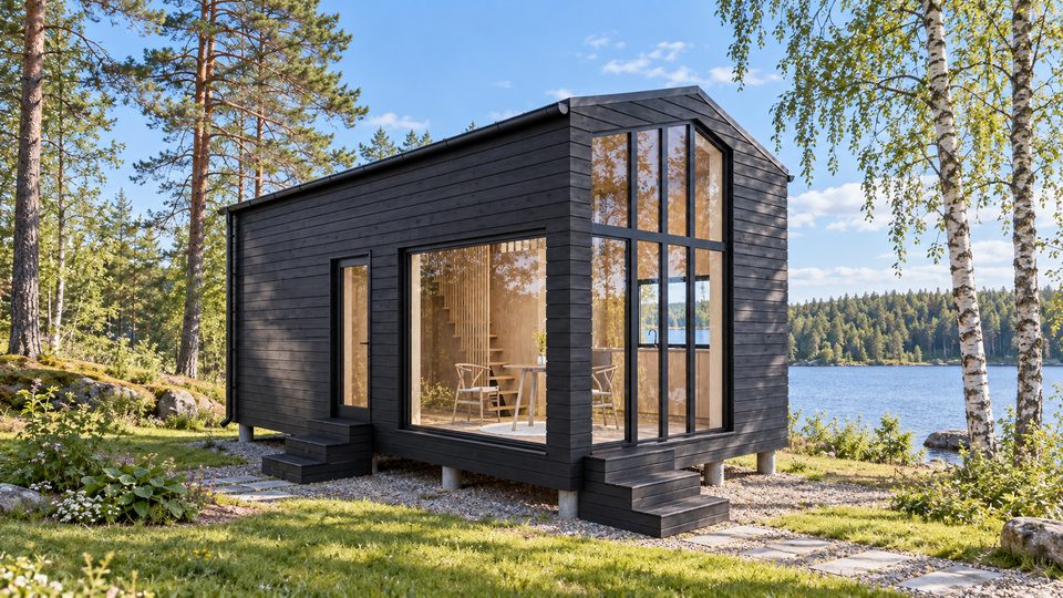 Visualisering: Dante modulhus i træ med saddeltag ved en sø