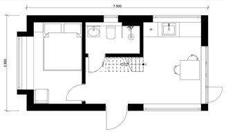 Plantegning af modulhuset Dante: opholdsrum 12,74 m², soveværelse 6,76 m², hems 11,18 m², badeværelse 2,59 m², bruttoareal 29,63 m²
