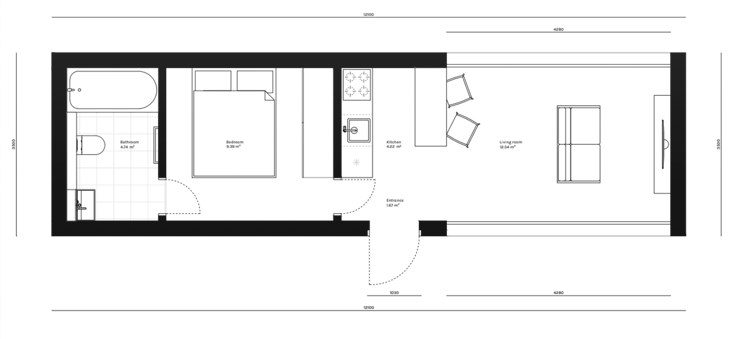 Plantegning af modulhuset Mozart: opholdsrum 18,43 m², soveværelse 9,39 m², badeværelse 4,74 m², bruttoareal 42,35 m²