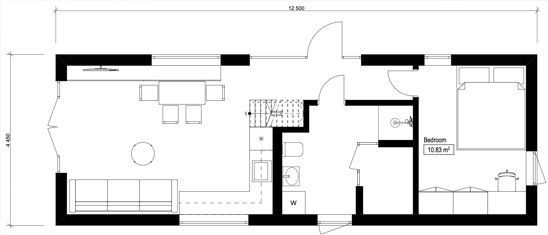 Plantegning af modulhuset Shakespeare: opholdsrum 24,58 m², soveværelse 10,83 m², hems 12,85 m², badeværelse 6,28 m², sauna 2,28 m², bruttoareal 55,63 m²