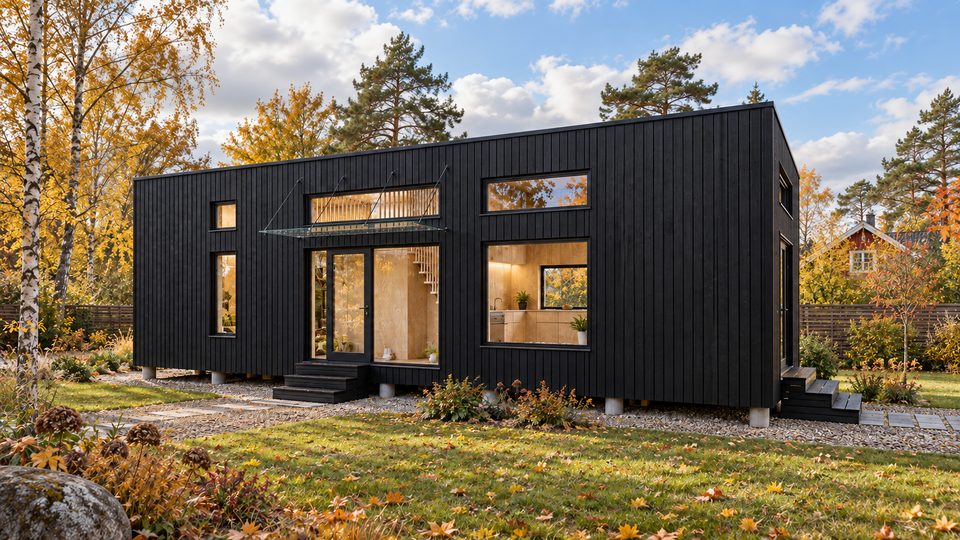 Visualisering: Shakespeare sommerhus i træ som modulhus med sauna – sort facade i en efterårshave