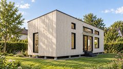 Visualisering: Shakespeare sommerhus i træ som modulhus med sauna – lys facade i naturtræ