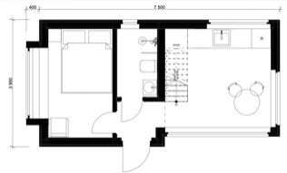 Plantegning af modulhuset Tolstoy: opholdsrum 11,65 m², soveværelse 6,76 m², hems 12,61 m², badeværelse 2,65 m², bruttoareal 29,63 m²