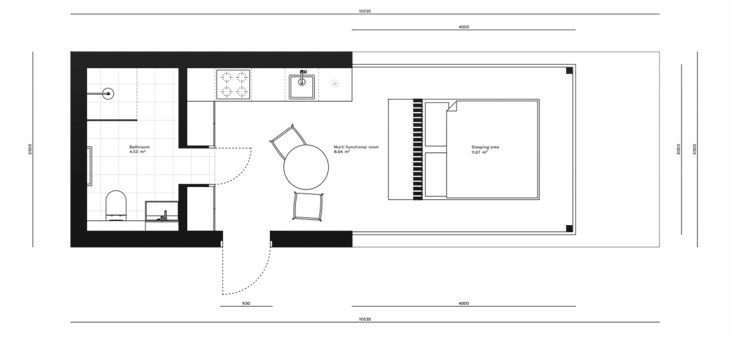 Plantegning af modulhuset Vivaldi: opholdsrum 8,64 m², soveværelse 11,67 m², badeværelse 4,53 m², bruttoareal 29,84 m²
